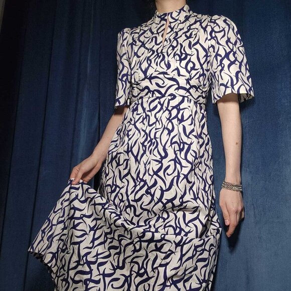 Vintage 60s navy blue and white empire waist babydoll maxi column dress - Picture 5 of 15